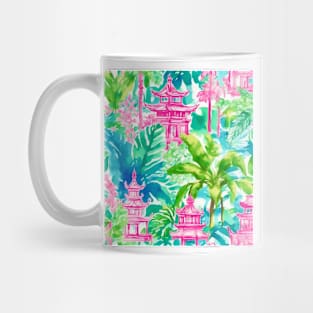 Preppy pink and green pagoda garden watercolor Mug